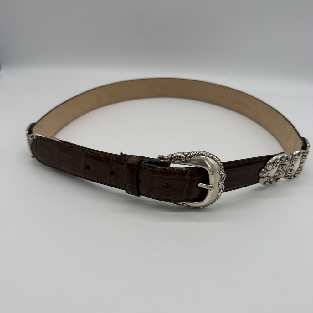 Fossil Brown Croco Embossed Leather Western Belt‎ Silver Ornate Buckle Large